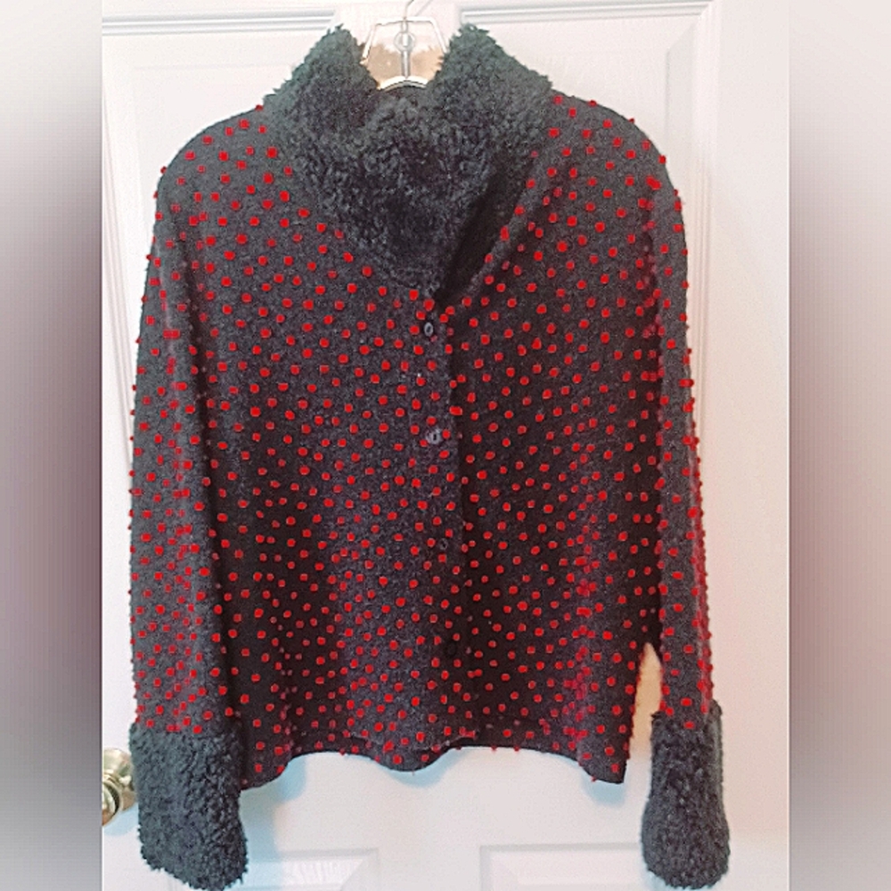 Cute and Warm Faux Fur Black w/ Red Dots Jacket!